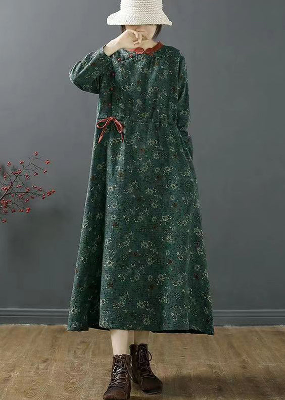 Green Stand Collar Print Patchwork Cotton Dress Fall