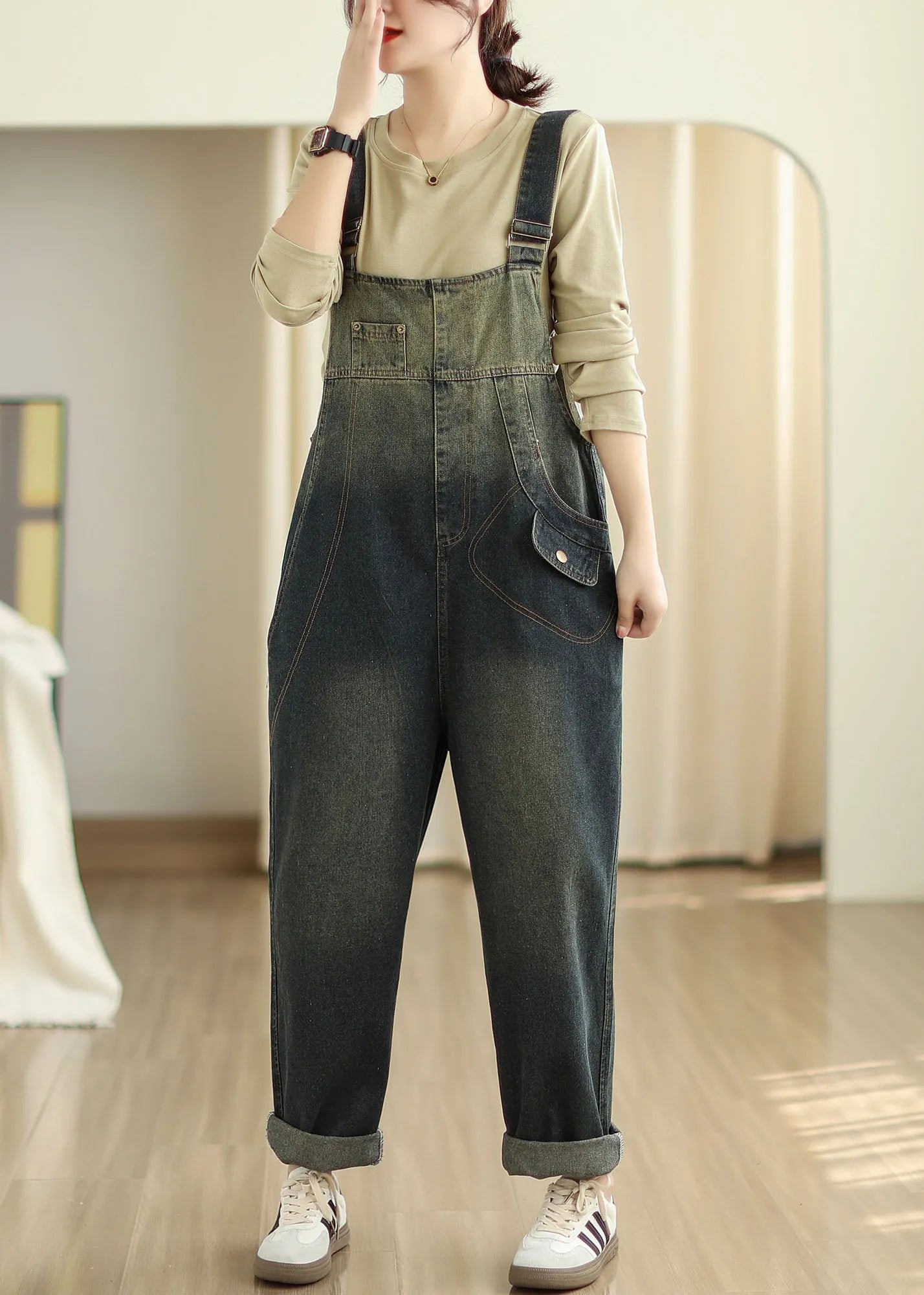 Slash Neck Pockets Patchwork Denim Jumpsuits Fall