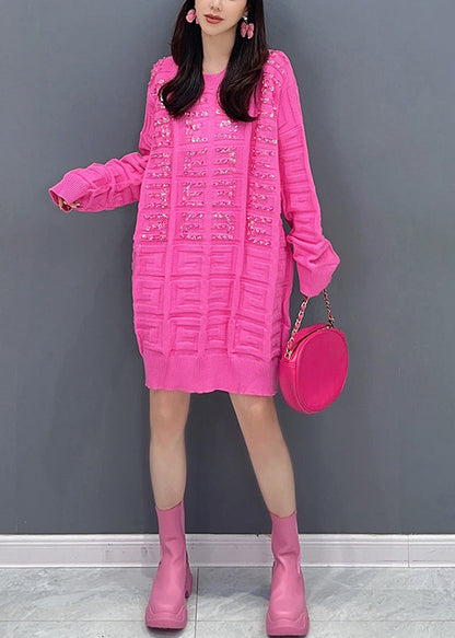 Stylish Rose O Neck Zircon Patchwork Knit Sweaters Dress Fall