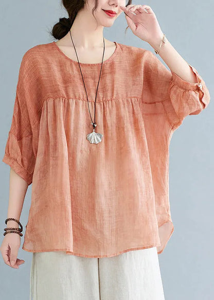 Orange O-neck Patchwork Side Open T Shirt Half Sleeve