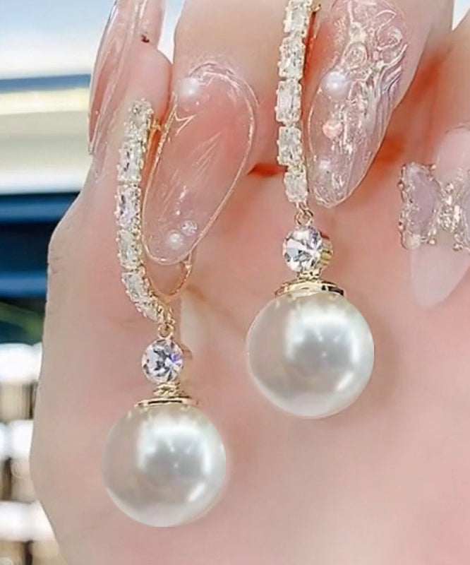 White Sterling Silver Overgild Zircon Pearl Drop Earrings