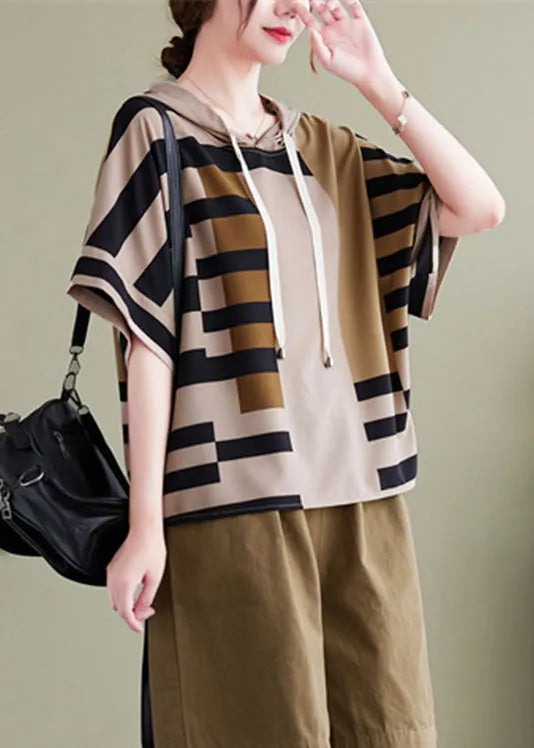 Grey Striped Patchwork Hooded Shirt Summer