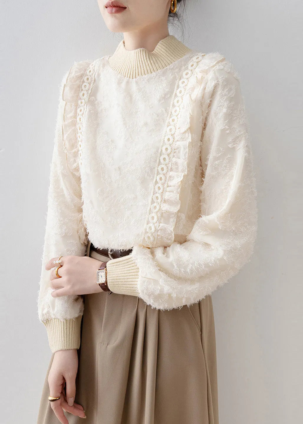 Diy Beige Stand Collar Patchwork Warm Fleece Blouses Winter