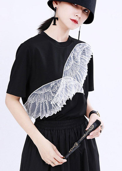 Black Embroidery Appliques Cotton Tee Summer