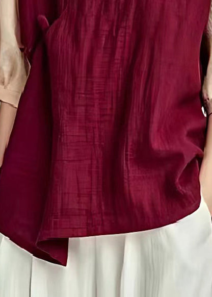 Mulberry V Neck Patchwork Linen Blouse Top Summer