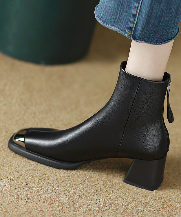 Zippered Splicing Chunky Boots Brown Cowhide Leather