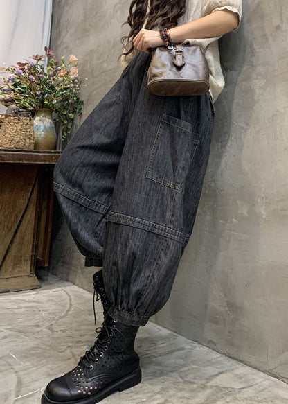 Handmade Black High Waist Patchwork Denim Pants Spring