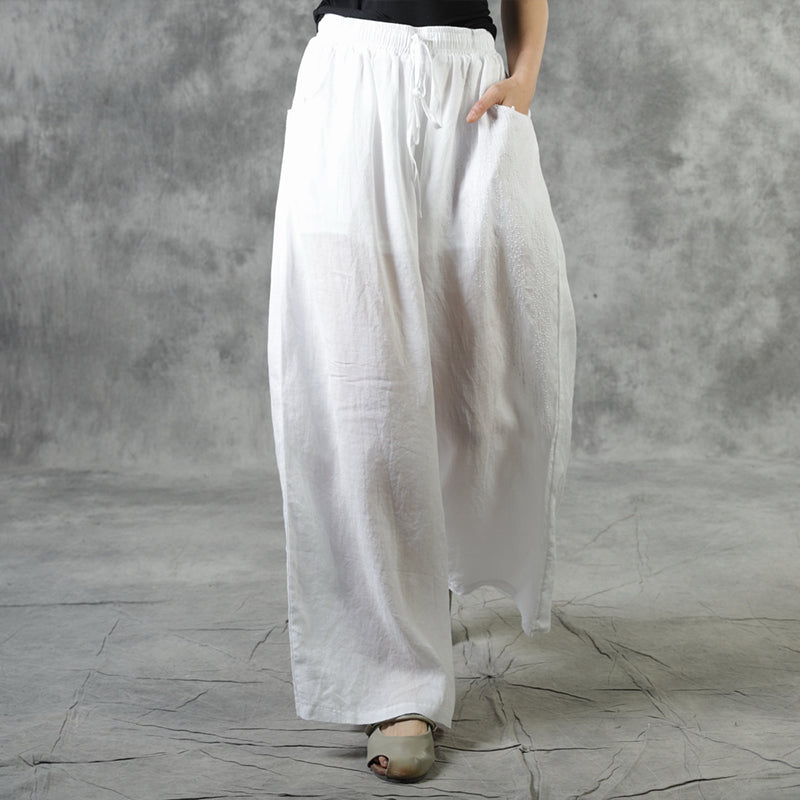 White Pockets Tie Waist Fall Wide Leg Pants