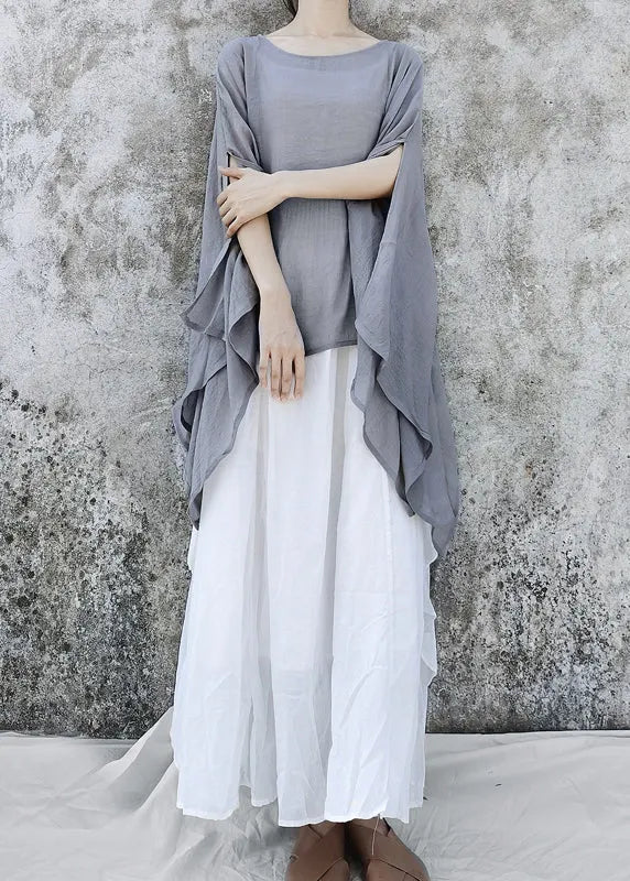 Simple Grey Asymmetrical Design Linen Tops Batwing Sleeve