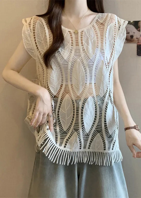 Art Apricot O-neck Tasseled Hollow Out Cotton Tank Summer