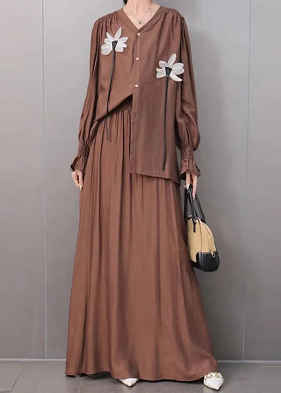 Organic Khaki V Neck Shirts and Maxi Skirts Two Pieces Set Fall