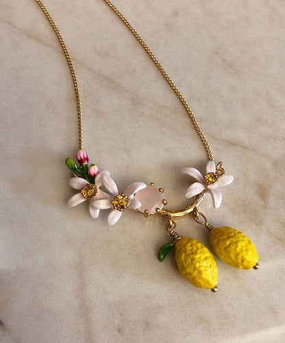 Yellow Sterling Silver Overgild Enamel Gem Stone Pendant Necklace