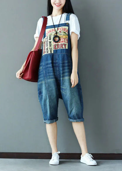 Blue Oversized Applique Cotton Denim Jumpsuit Spring