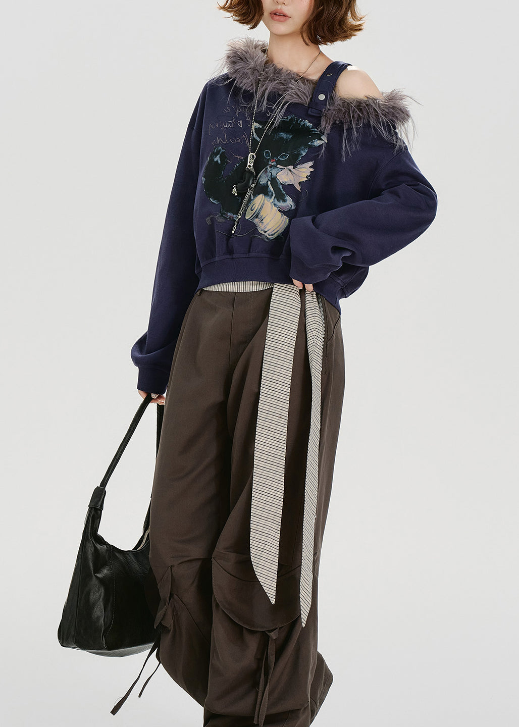Navy Print Fur Collar Patchwork Cotton Tops Spring