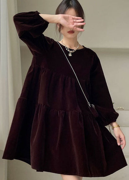 Chocolate O-neck Velour Vacation Dress Spring
