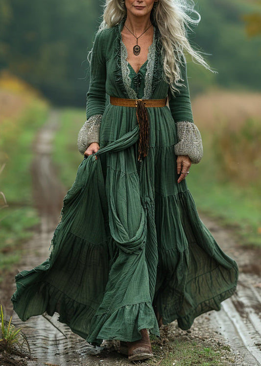 Green Lace Wrinkled Patchwork Cotton Long Dress Spring
