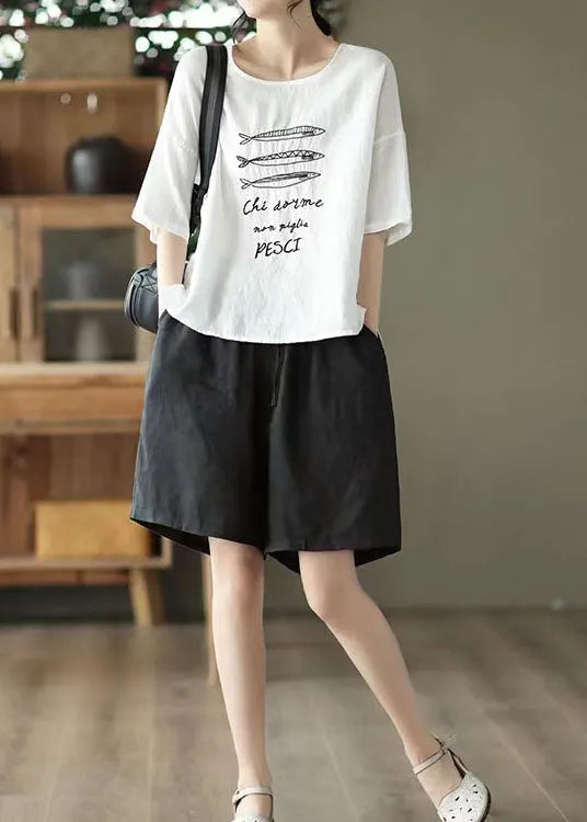 White O Neck Patchwork Linen T Shirt Summer