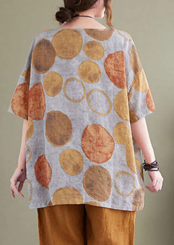Orange Dot Print Linen Loose Tank Tops O-neck Short Sleeve