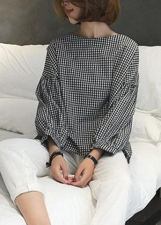 French Plaid Cotton Fine Sewing Asymmetric Clothing Blouse