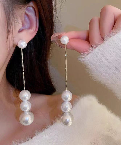 White Sterling Silver Overgild Pearl Tassel Drop Earrings