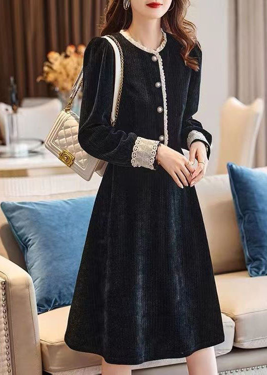Art Black O-neck Lace Patchwork Thick Corduroy Maxi Dresses Spring