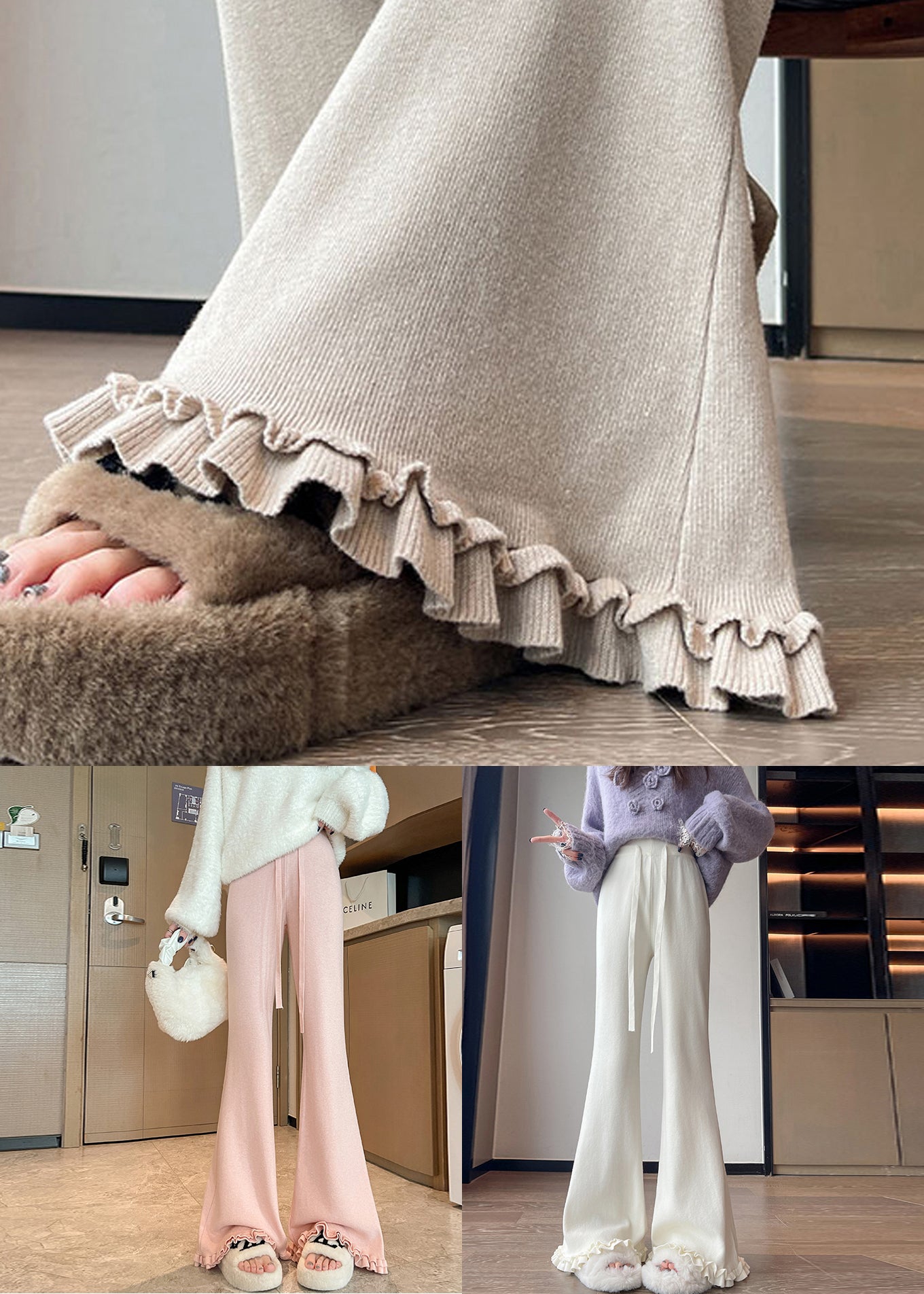 New Pink Elastic Waist Knit Flared Trousers
