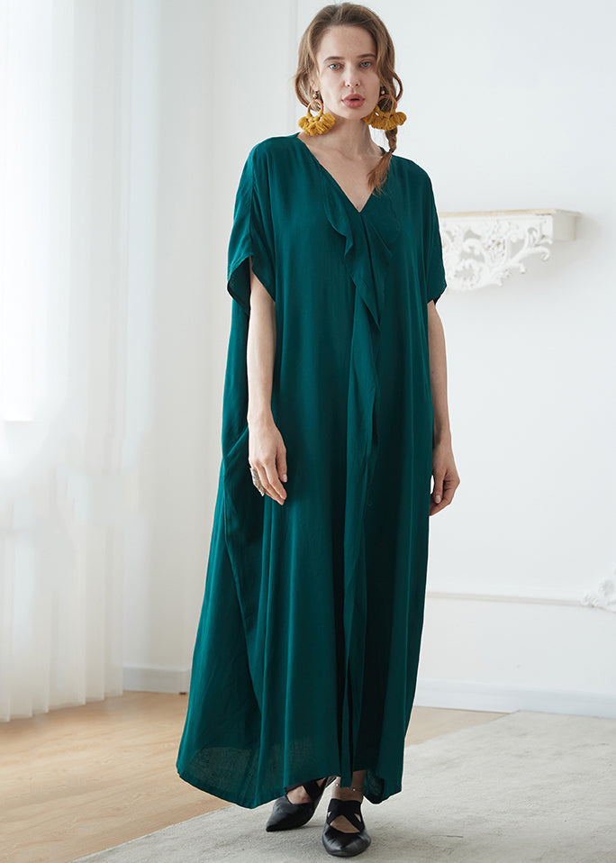Blackish Green V Neck Pockets Patchwork Cotton Maxi Dress Summer