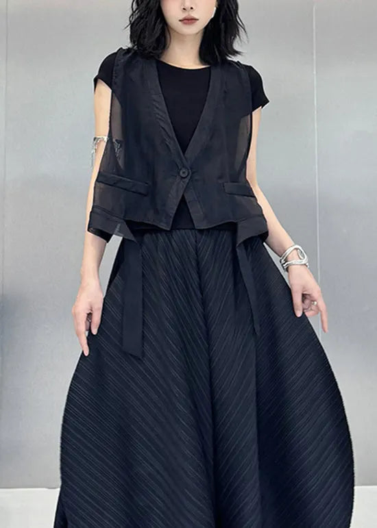 Black V Neck Asymmetrical Cotton Vest Tops Summer