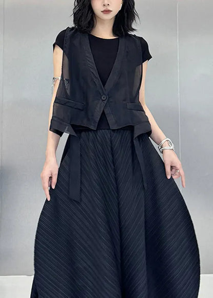Black V Neck Asymmetrical Cotton Vest Tops Summer