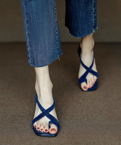 Hollow Out Chunky Sandals Blue Suede