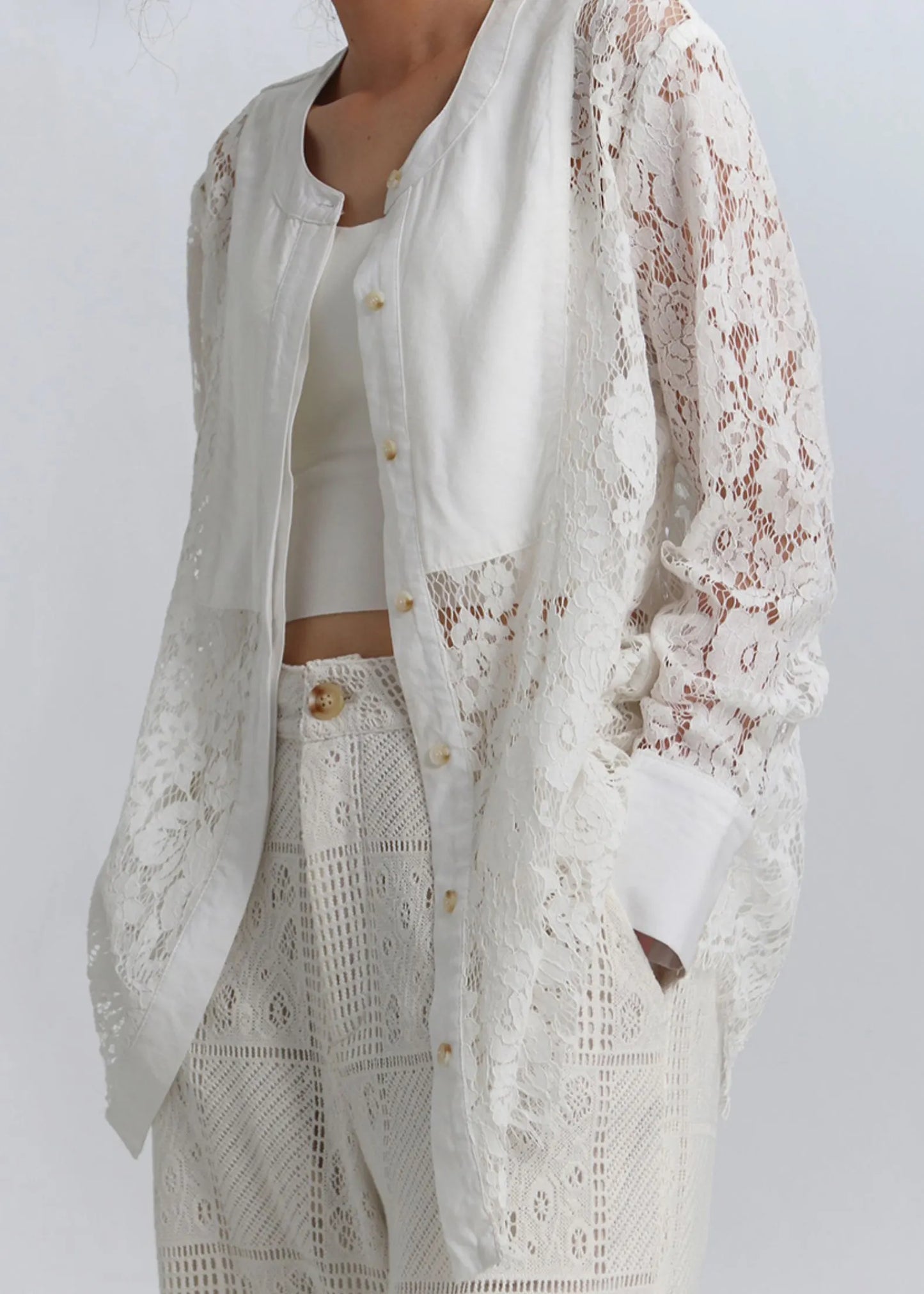 White Button Hollow Out Lace Blouses Spring