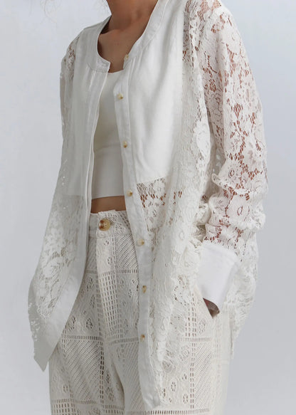 White Button Hollow Out Lace Blouses Spring