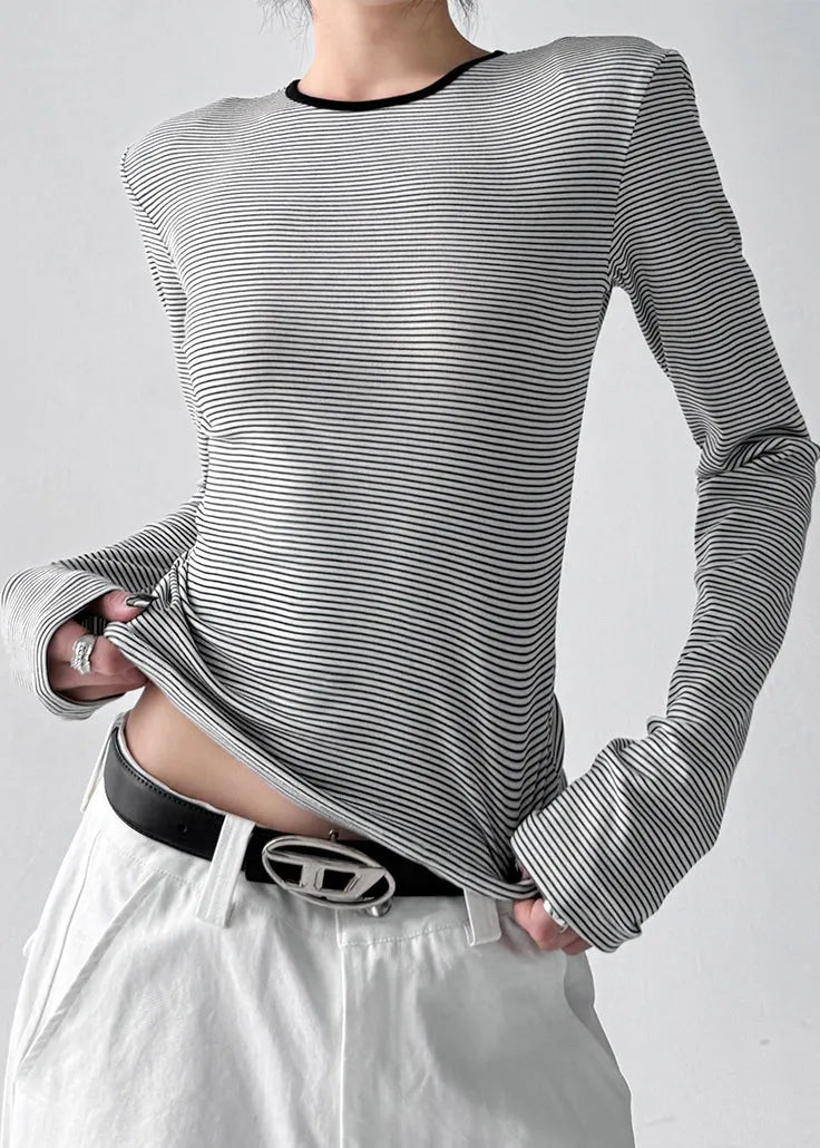 Stylish White O Neck Striped Hollow Out Cotton T Shirt Tops Fall