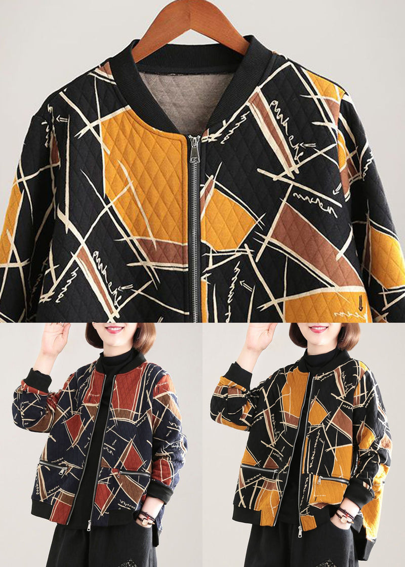 Red Stand Collar Pockets Print Fine Cotton Filled Witner Coat