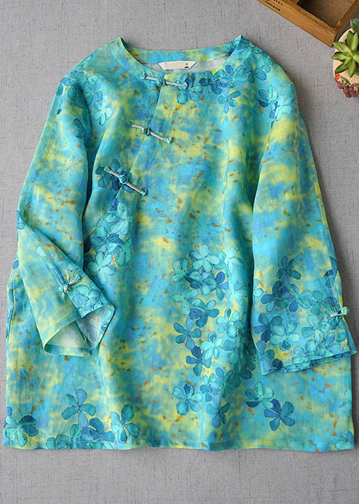 Chinese Style Green Print Linen Top Three Quarter Sleeve