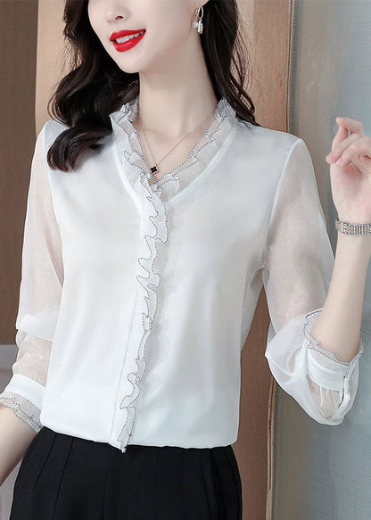 White Ruffled Patchwork Silk Blouses Long Sleeve
