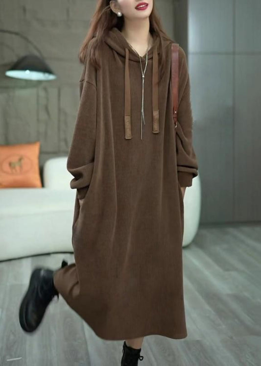 Loose Coffee Hooded Pockets Cotton Long Dress Winter