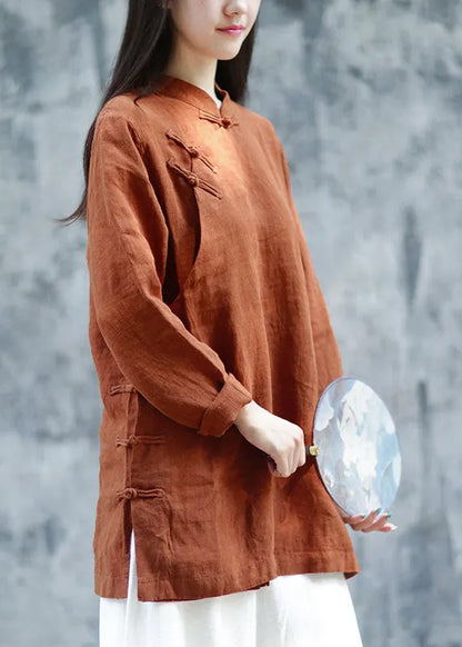 Brown Button Linen Blouses Spring
