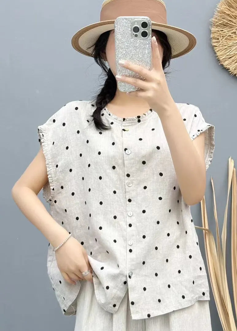 Beige Dot Linen Beach Vest Oversized Sleeveless
