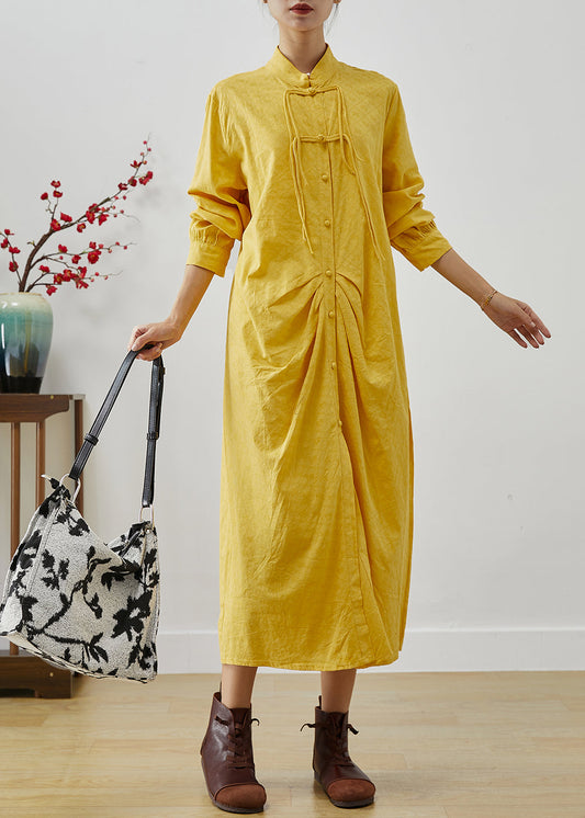 Yellow Tasseled Wrinkled Cotton Shirt Dress Fall