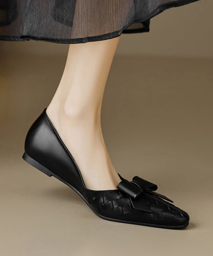 Bow Splicing Soft Comfy Flats Black Sheepskin