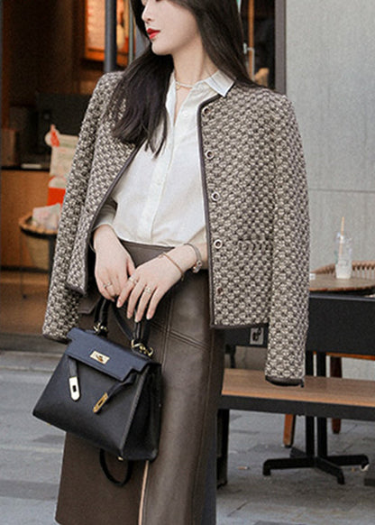 O-neck Plaid Button Woolen Coat Long Sleeve