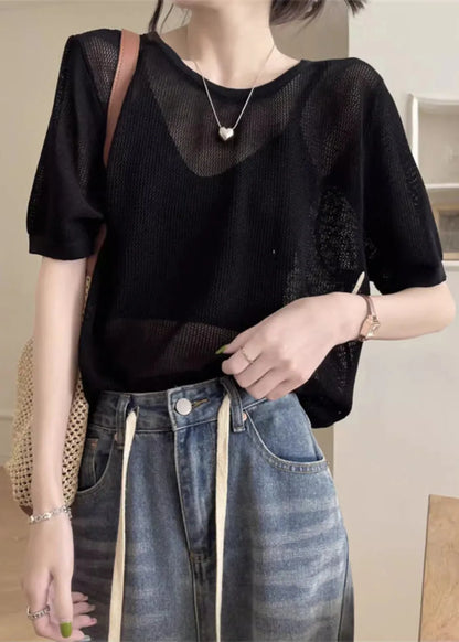 Black Hollow Out Summer Knit T Shirts O Neck