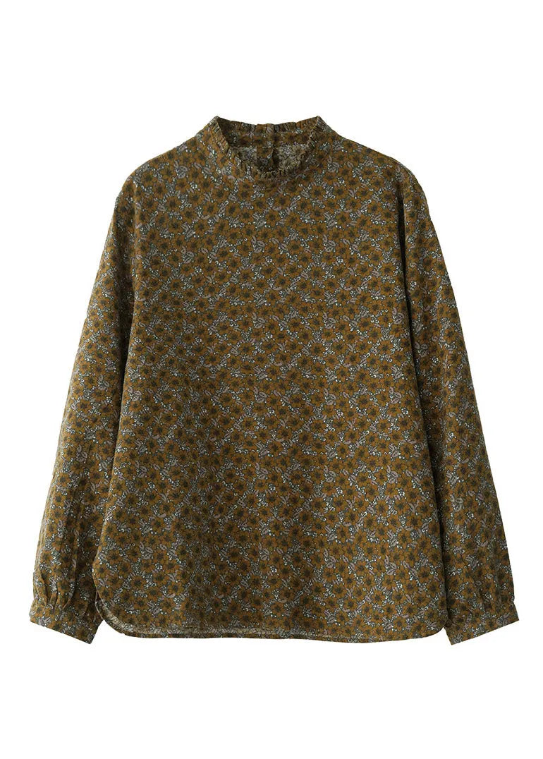 Italian Chocolate Stand Collar Button Ruffled Cotton Blouses Top Long Sleeve