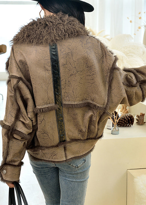 New Coffee Fur Collar Zip Up Patchwork Leather and Fur Coat Winter
