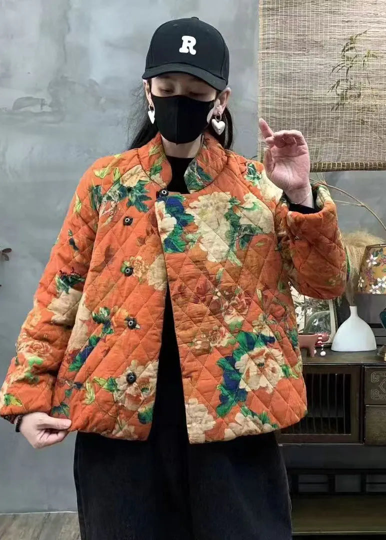 Orange Oversized Print Fine Cotton Filled Coats Winter