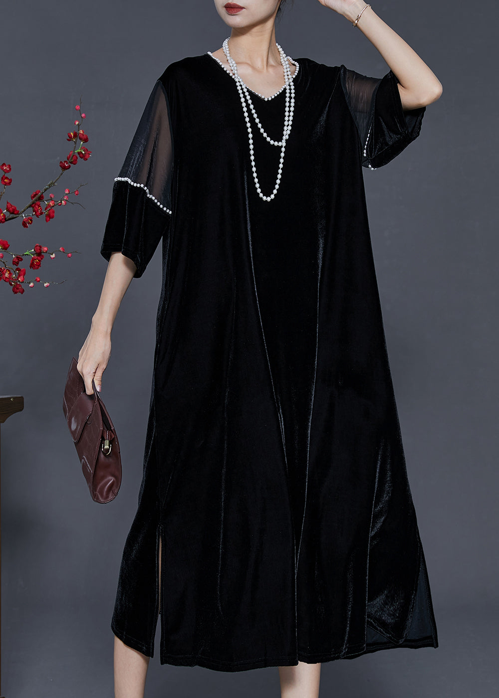 Black Oversized Patchwork Nail Bead Silk Velour Dress Spring