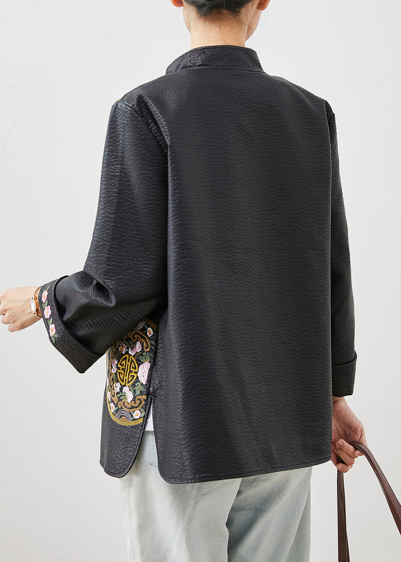 Black Embroideried Chinese Button Faux Leather Coat Spring