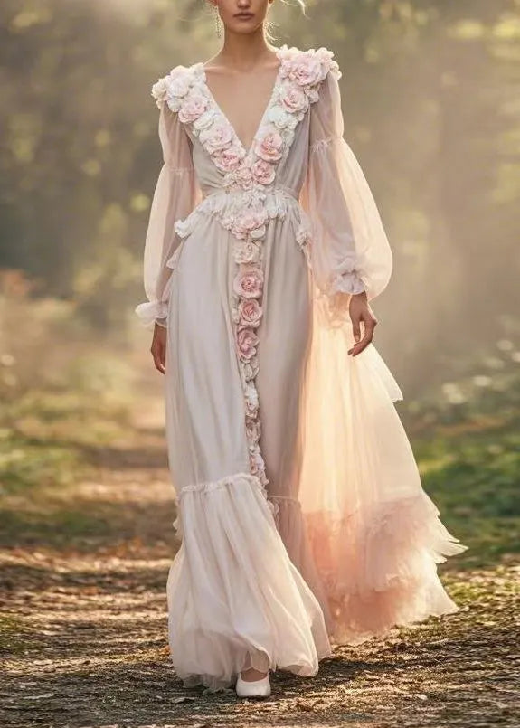 Style V Neck Decorated Wrinkled Patchwork Chiffon Dresses Spring