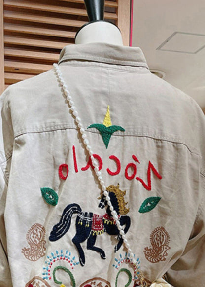 French Light Grey Embroidered Cotton Coat Long Sleeve